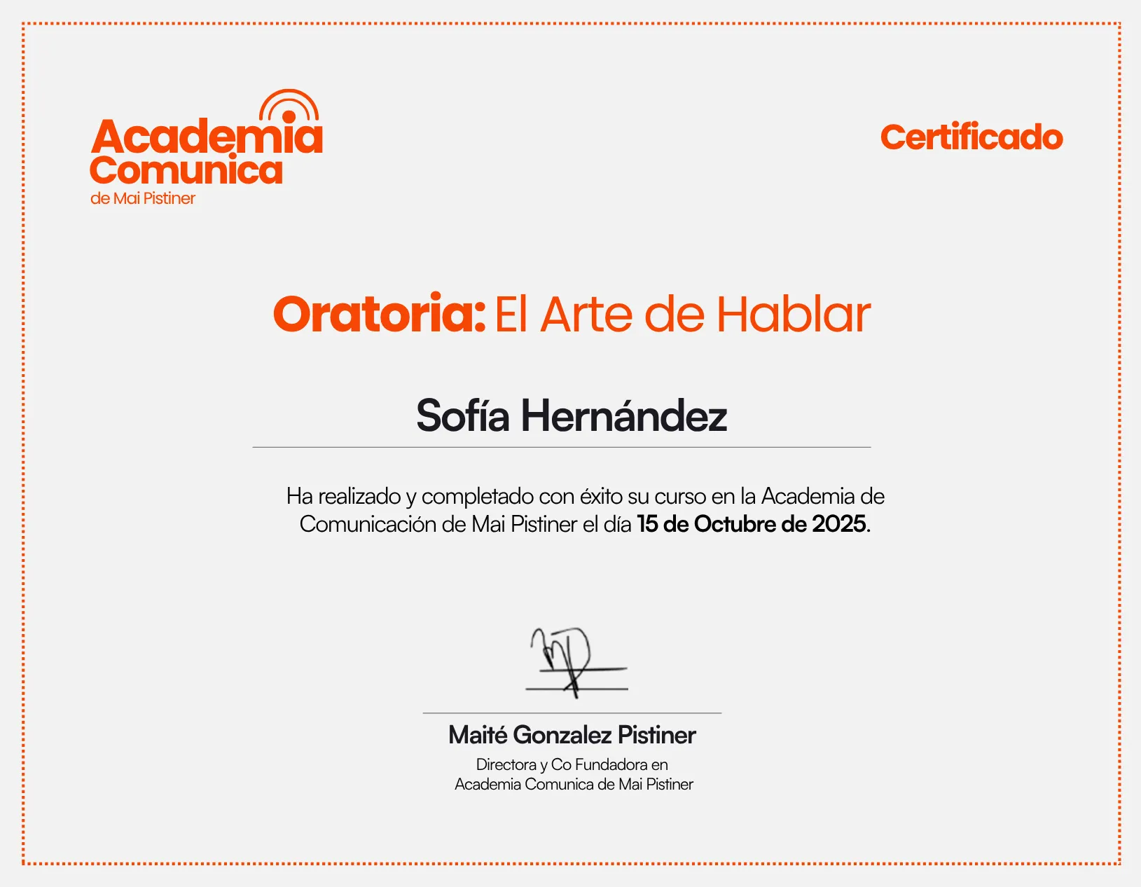 Certificado del Curso de Oratoria: El Arte de Hablar
